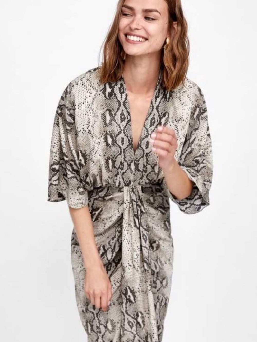 Snake Print Kimono Wrap Dress in Neutral Tones